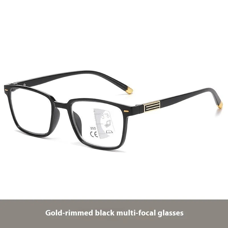 A pair of multifocal reading glasses with colour-changing lenses and an anti-blue light filter on a table.