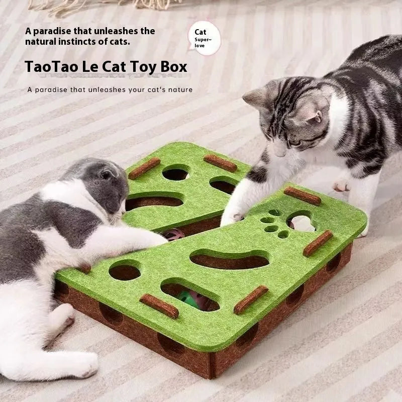 Square felt cat toy with central hole in green brown, camel white, or grey colour