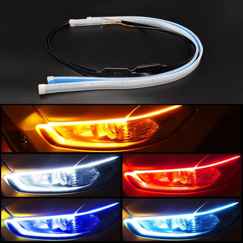 Flexible silicone car LED daytime running light strip with turn signal function, showing wire connections.