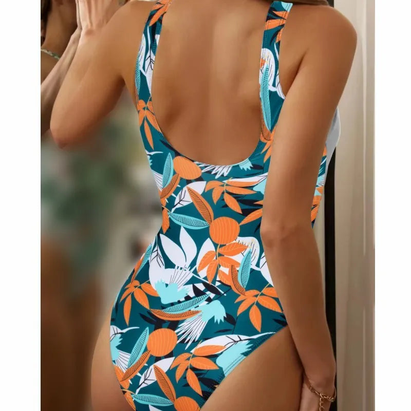 Women's high-waist one-piece swimsuit with printed pattern in polyester and nylon fabric