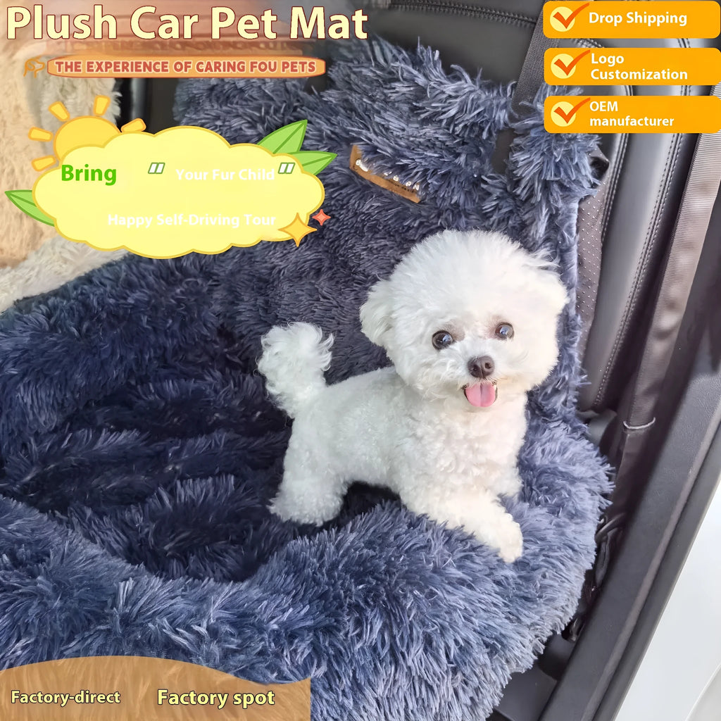 Dark grey thickened cloth pet mat placed on a car seat, showing size and texture.