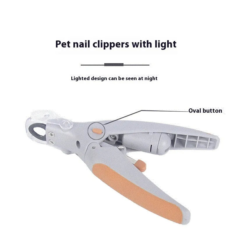 ABS plastic dog nail clipper with light on and imitation blood line guide visible on cutting head.
