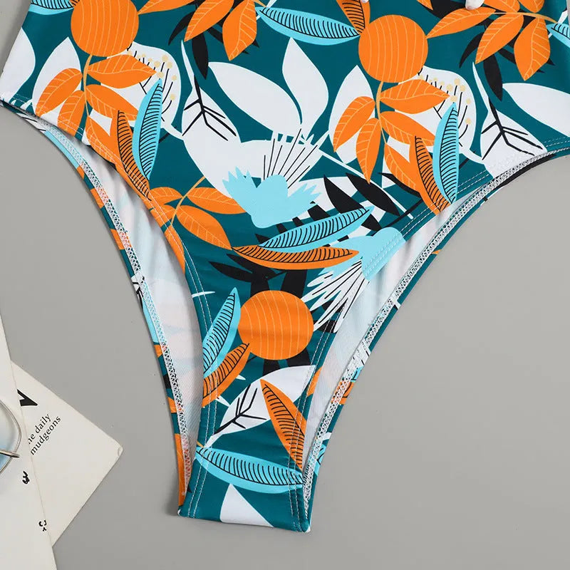 Women's high-waist one-piece swimsuit with printed pattern in polyester and nylon fabric