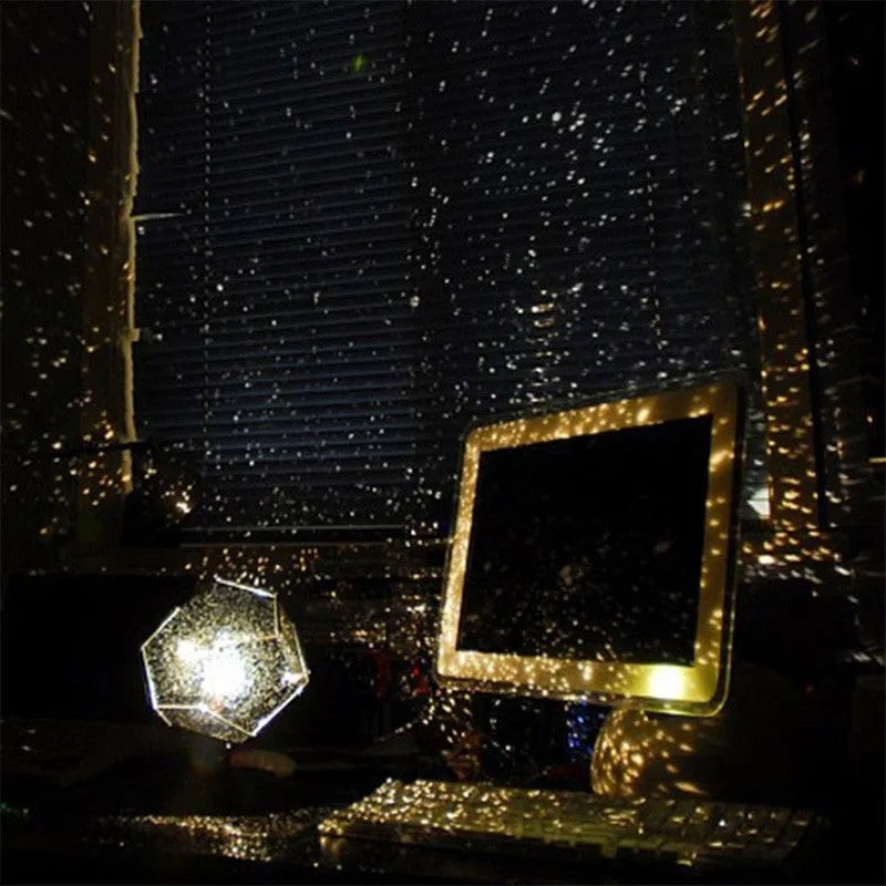 LED starry sky projection night lamp showing constellations on a bedroom ceiling, with remote control.