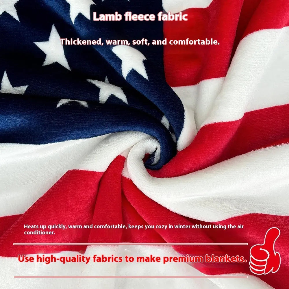 American style striped lambswool-look polyester blanket laid flat, showing three size options.