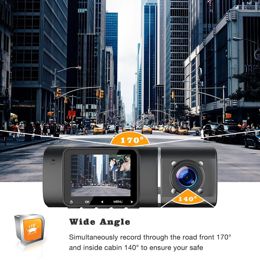 Standard black car dash cam with 1.5-inch screen, mounted on a stand, showing front camera lens
