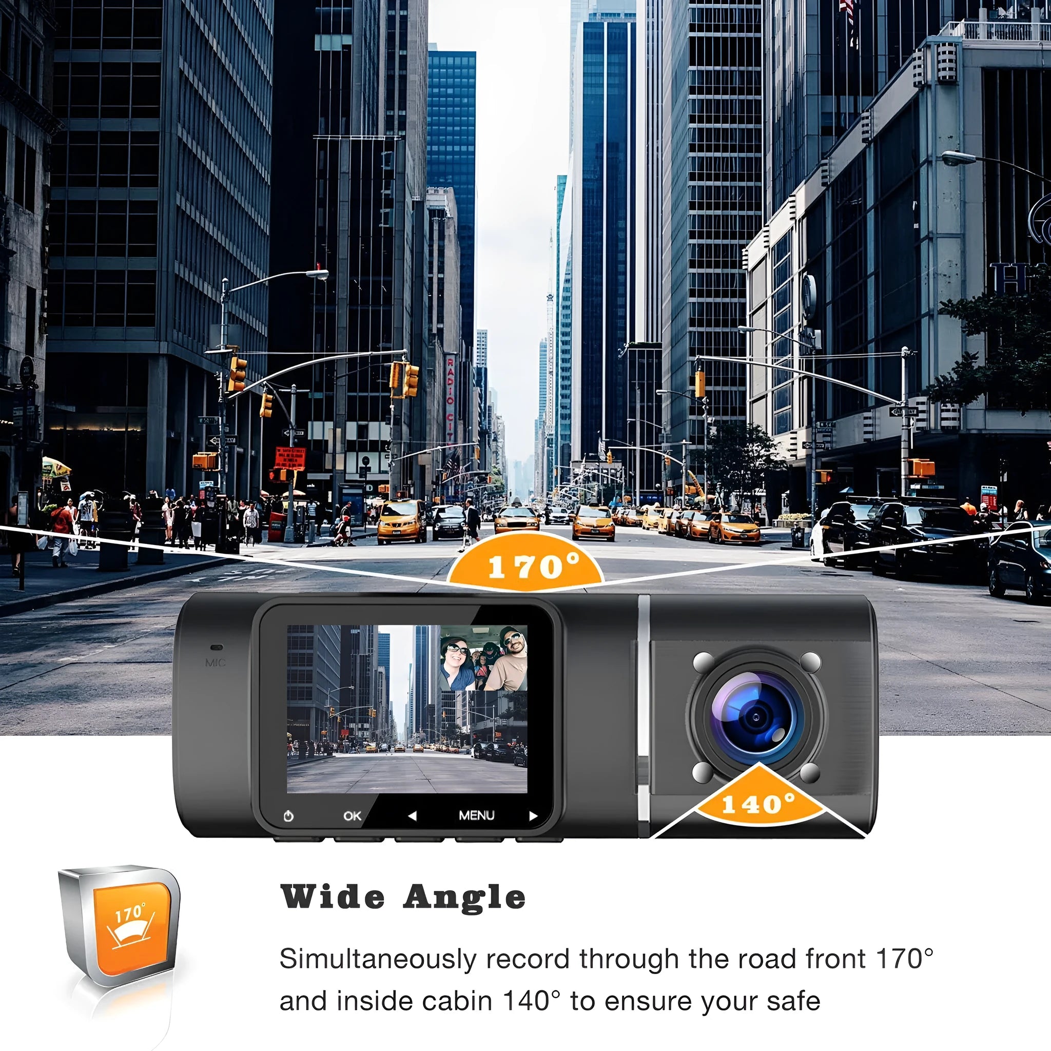 Standard black car dash cam with 1.5-inch screen, mounted on a stand, showing front camera lens