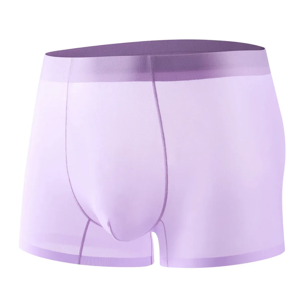 Men's ultra-thin ice silk boxer briefs in light blue, showcasing seamless knitted construction.