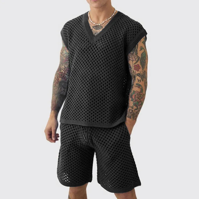 Men's blue V-neck sleeveless vest and matching shorts sports outfit on a hanger.
