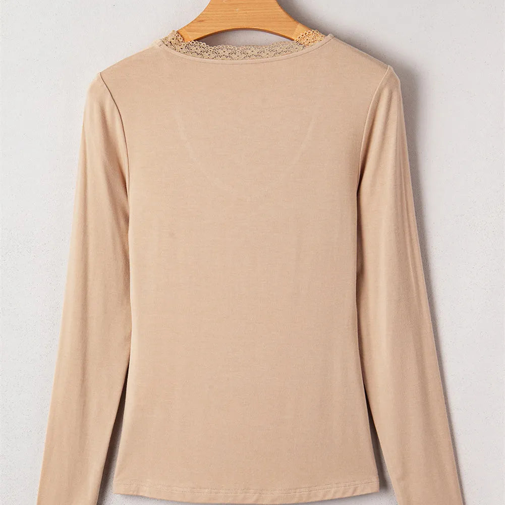 Long sleeve casual top with lace trim in slim fit Japanese Korean style