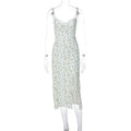 Lace flowers print long dress with high slit and suspender design in polyester fabric