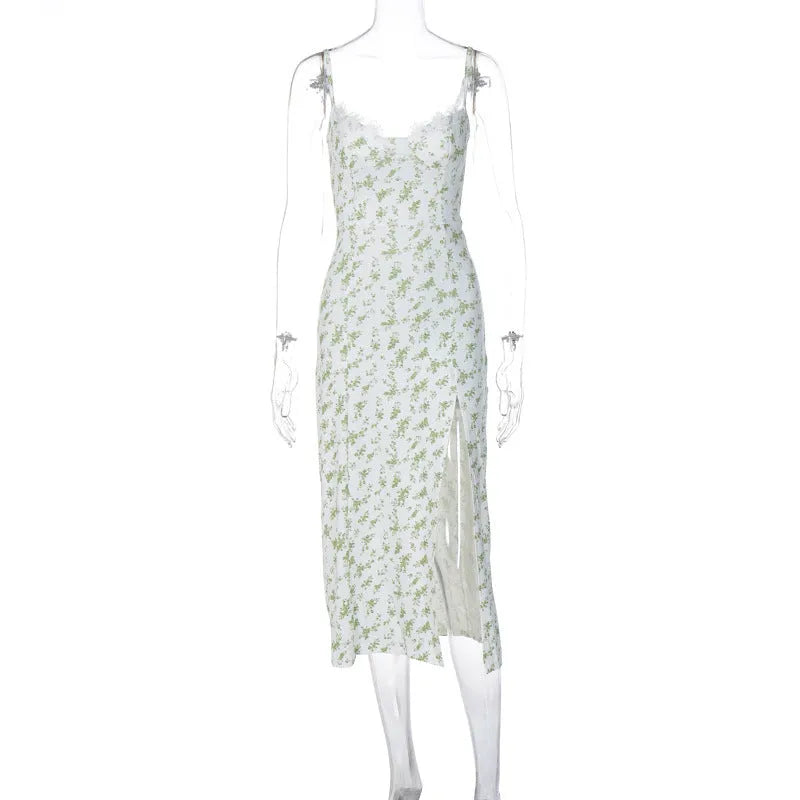 Lace flowers print long dress with high slit and suspender design in polyester fabric