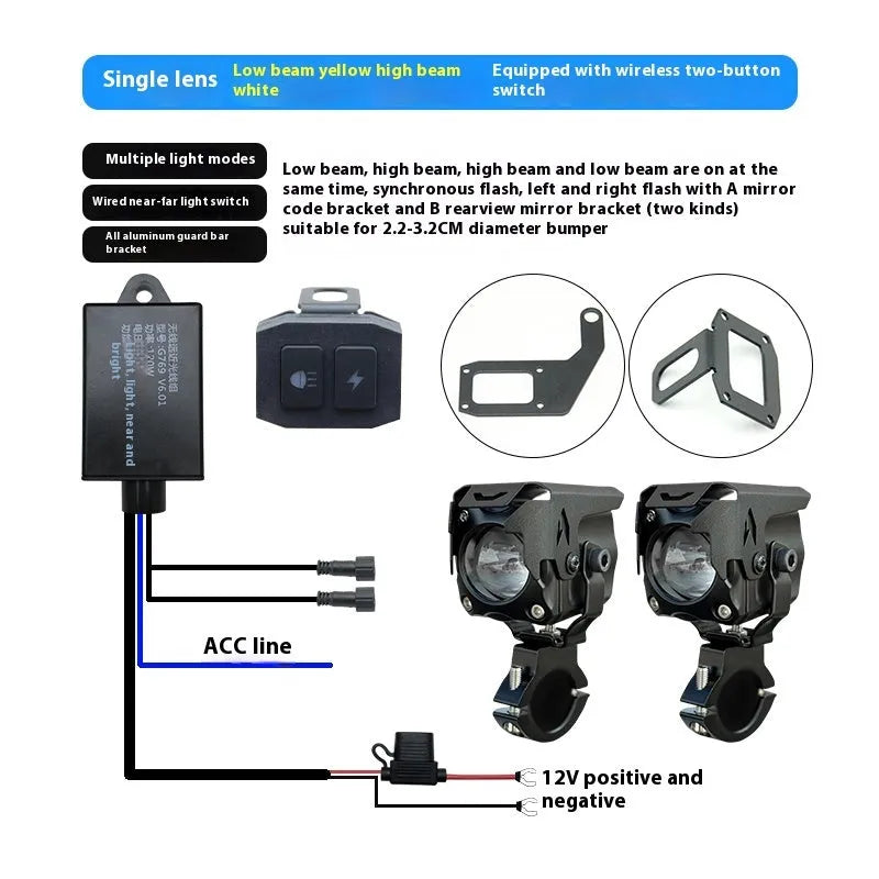 Motorcycle LED spotlight kit with integrated tangent lens, wireless remote control, and mounting brackets