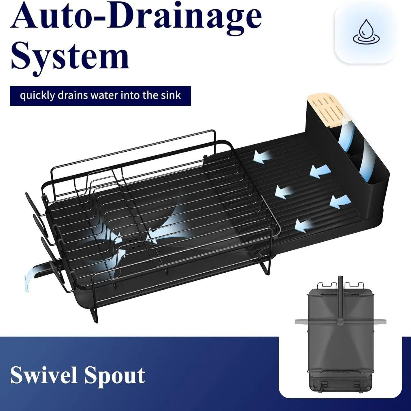 Carbon steel foldable kitchen dish drain rack with sections for cutlery and cups