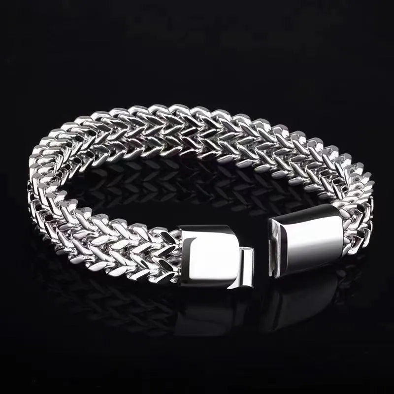 Silver titanium steel men's bracelet with geometric pattern on front and back surfaces