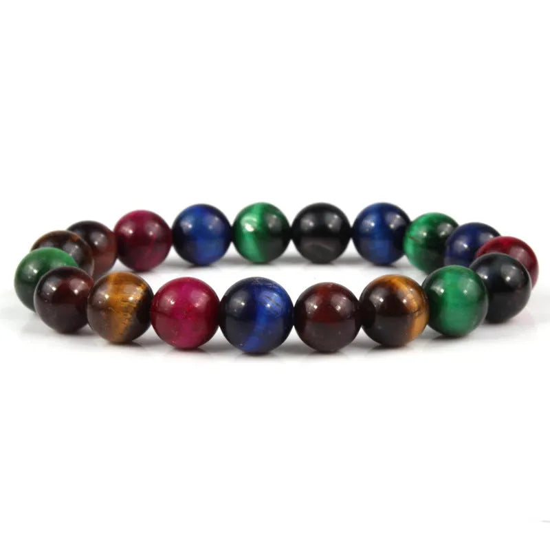 Natural tiger eye crystal beaded bracelet showing round beads in a choice of colours and sizes.