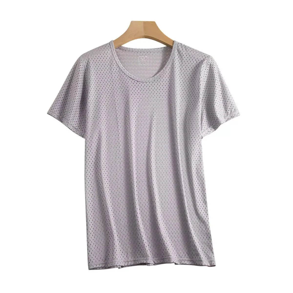 Men's solid colour ice silk short sleeve T-shirt with crew neck in loose mesh fabric.