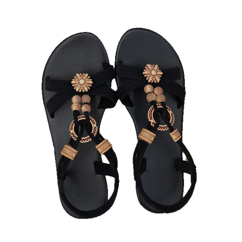 Black women's ethnic style flat sandals with woven open-toe design and beaded rhinestone decoration