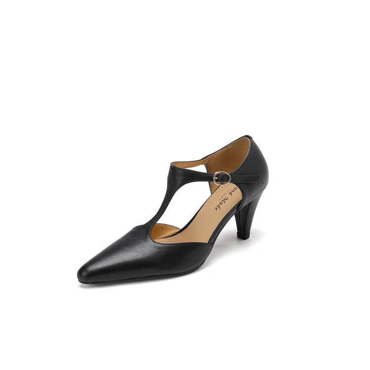 Brown retro women's sandals with a T-strap buckle and a block heel.