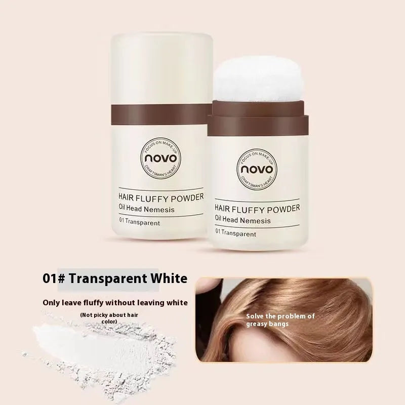 Compact of mattifying face powder for oil control on hairline and skin, shown in transparent, brown, and dark brown shades.