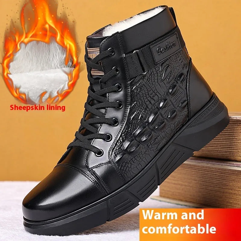 Men's black genuine leather snow boots with rubber soles and front lace-up closure