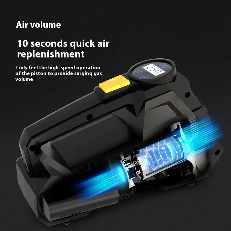 Black portable tyre inflator with digital display for vehicle and watercraft tyres