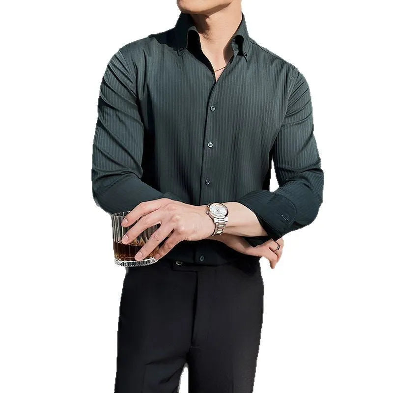 Men's striped V-neck long sleeve casual shirt in black, white, brown or green colour
