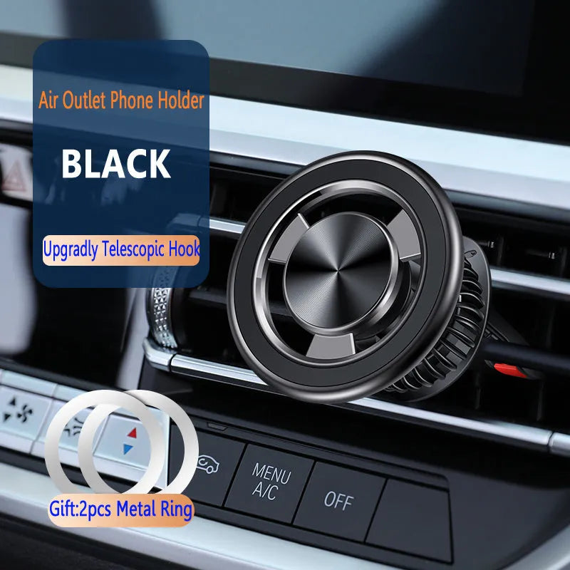 Black car air vent magnetic phone holder with alloy bracket mounted on vehicle ventilation