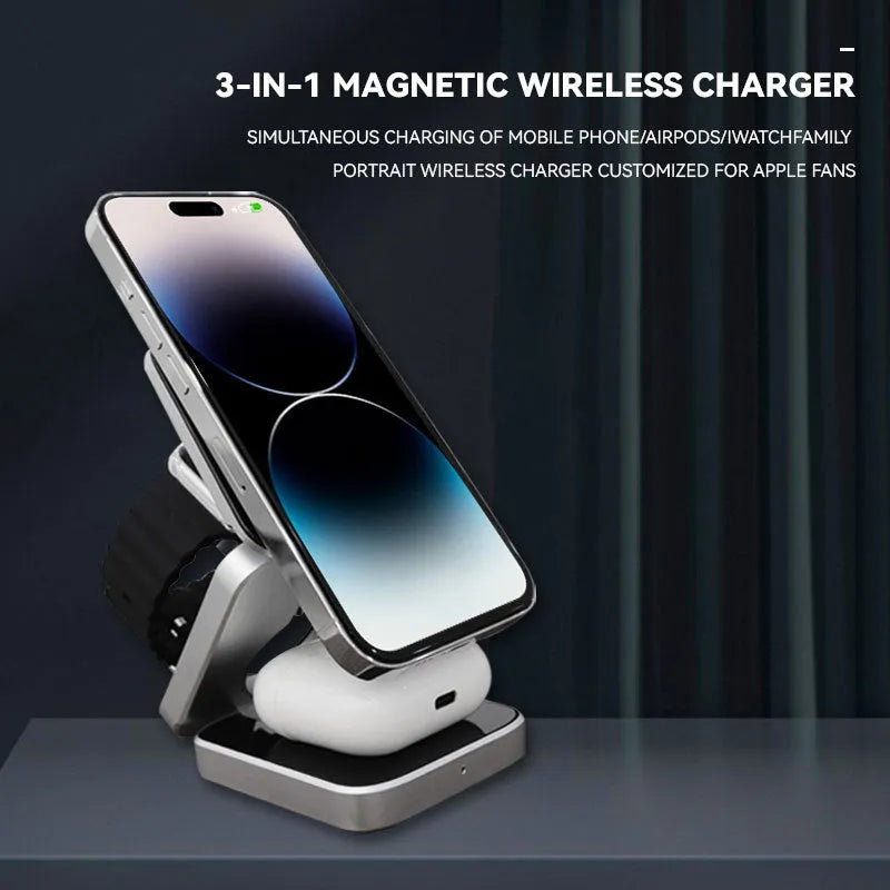Folding three-in-one desktop wireless charging bracket with cable and magnetic ring