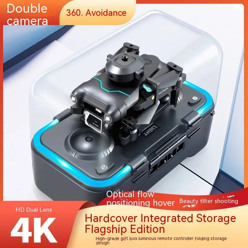 Black four-axis obstacle avoidance drone with mini design under 30cm, shown with dual camera configuration.