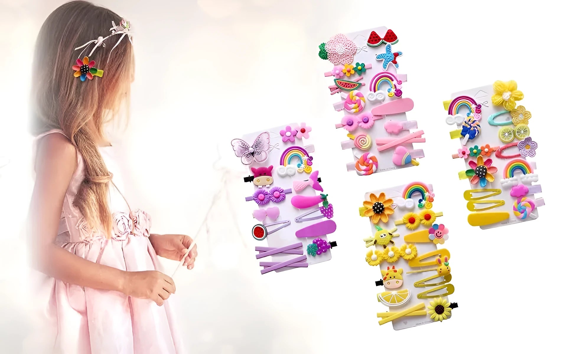 14-piece toddler hair accessories set showing colourful rainbow barrettes, candy fruit clips and butterfly designs on a white background