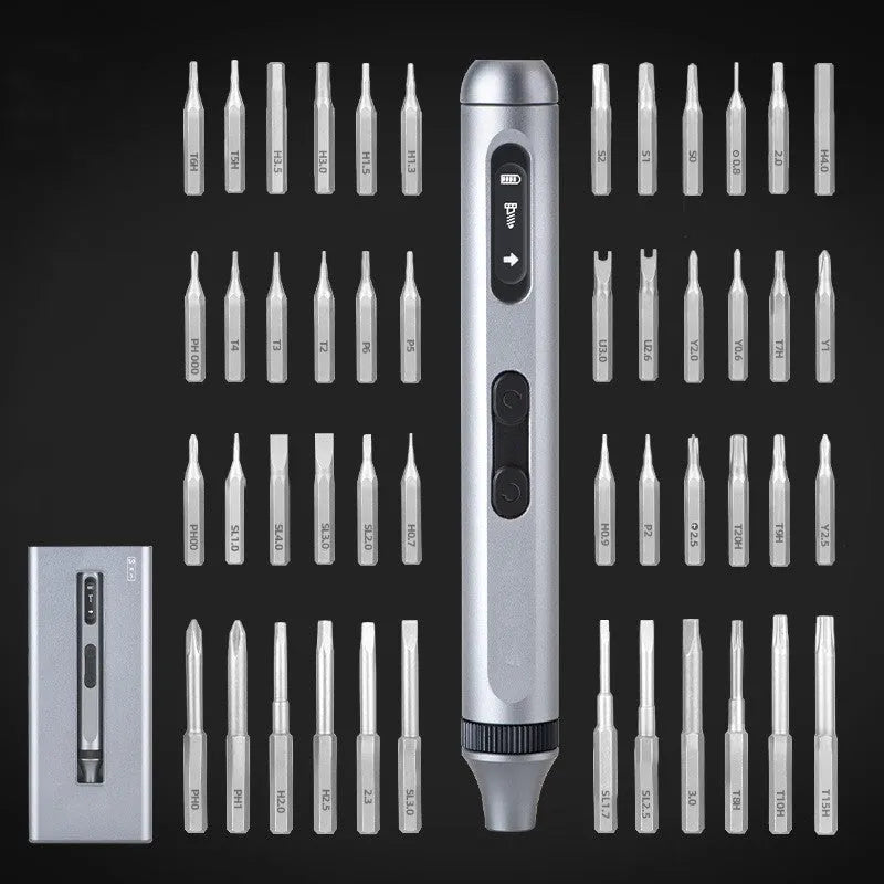Precision electric screwdriver with aluminium handle showing length and compact design