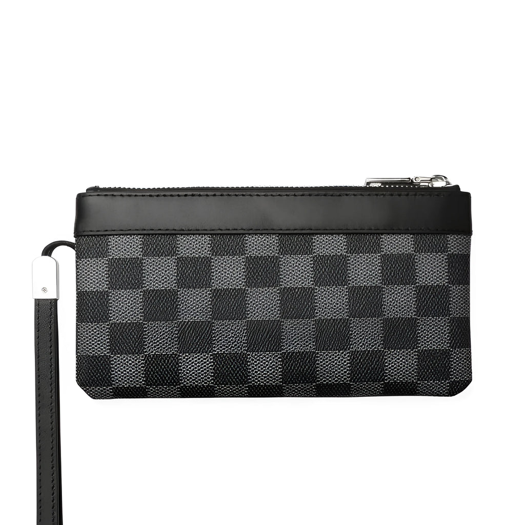 Men's black cowhide leather clutch wallet with plaid top, shown closed, measuring 20cm by 10cm