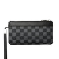 Men's black cowhide leather clutch wallet with plaid top, shown closed, measuring 20cm by 10cm