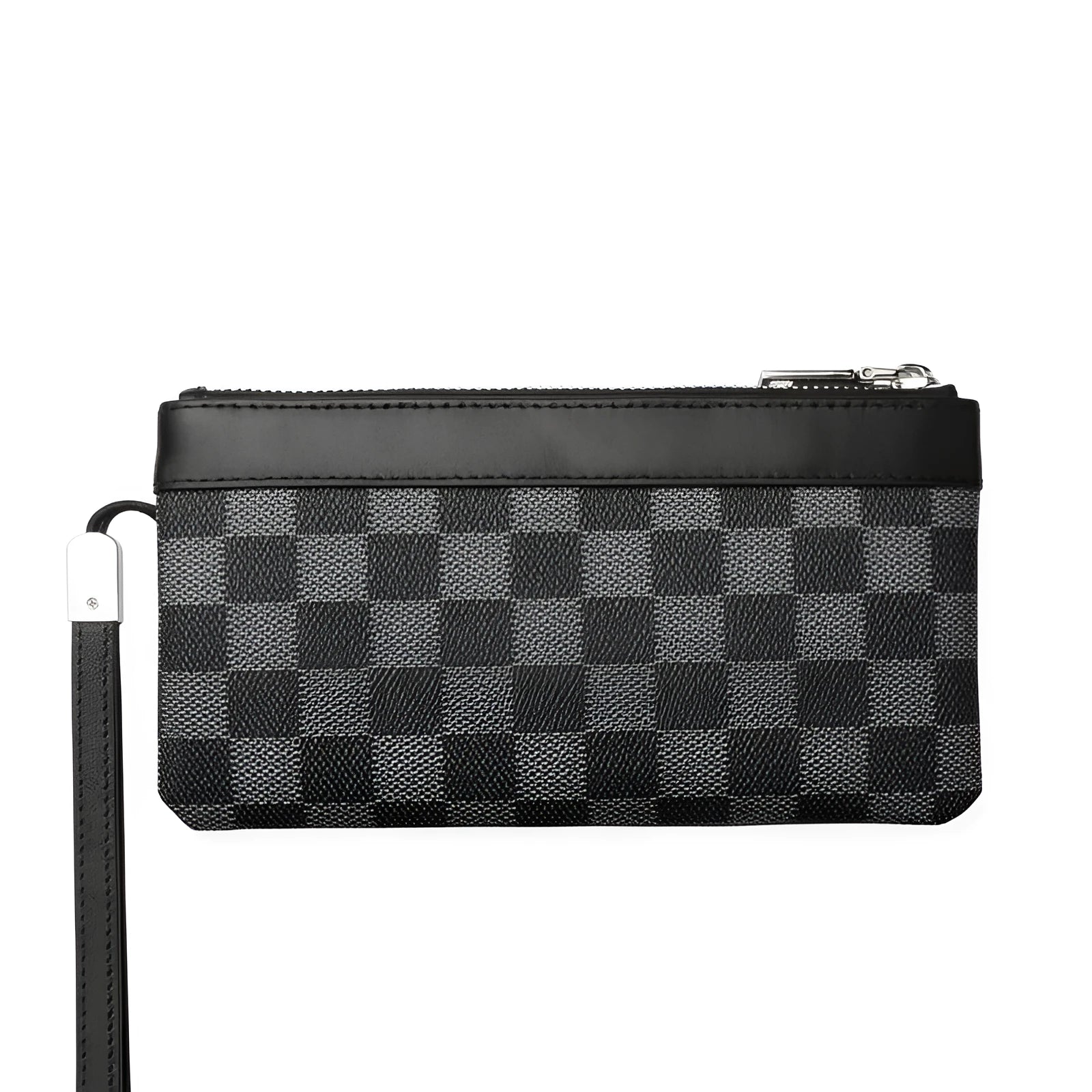 Men's black cowhide leather clutch wallet with plaid top, shown closed, measuring 20cm by 10cm