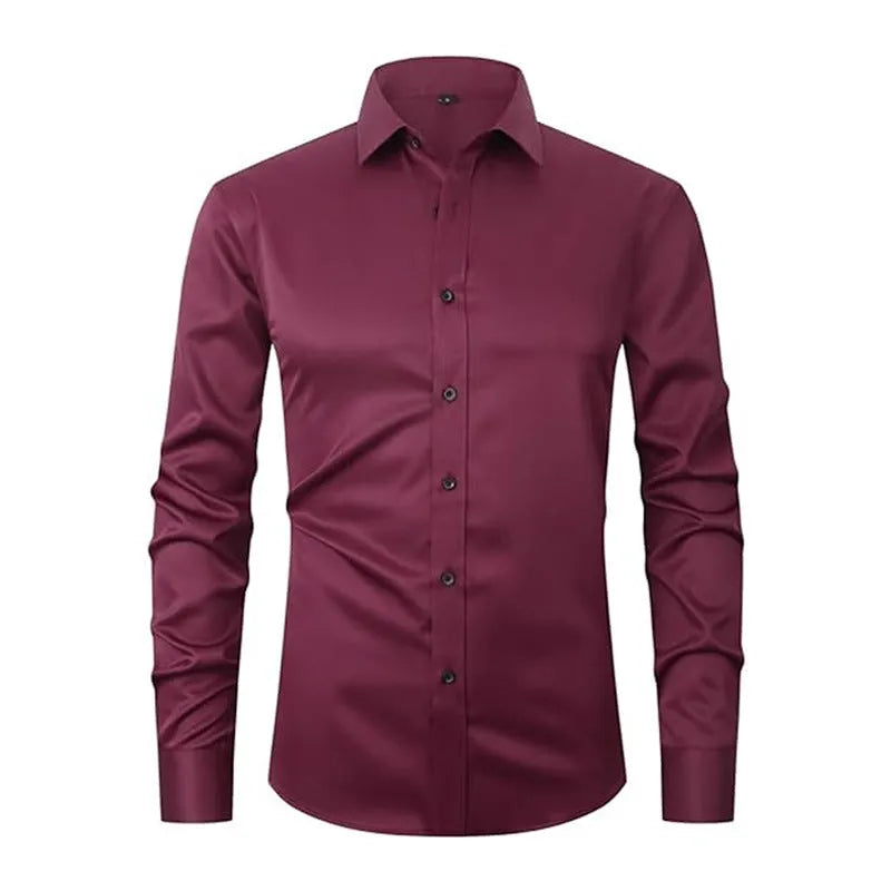 Men's long sleeve stretch work shirt in polyester fabric on a hanger