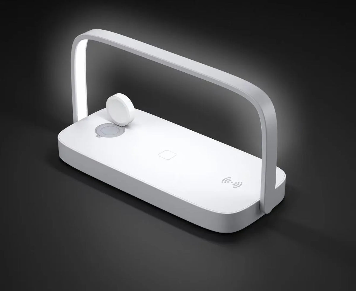 White wireless charging night light phone holder with QC3.0, 2A output, USB input, and charging bracket