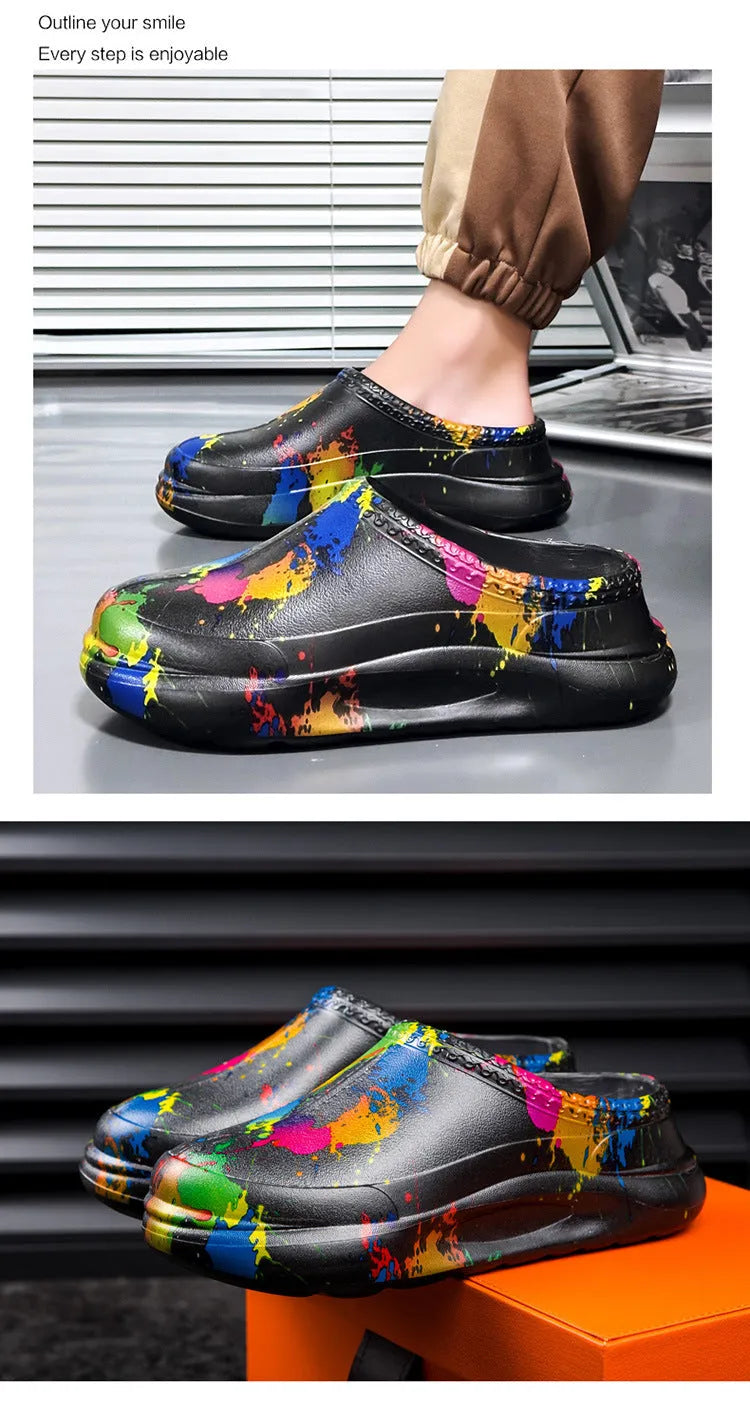 Men's black waterproof EVA work slippers with toe cap and textured sole on a grey background.