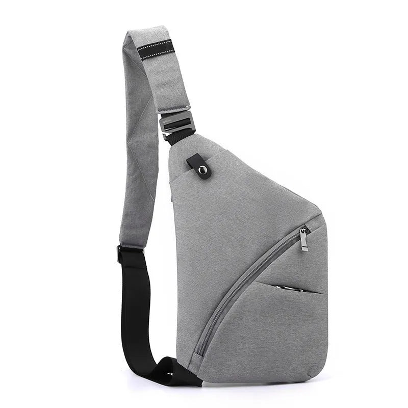 Men's Oxford cloth chest bag in black or grey with left or right shoulder options