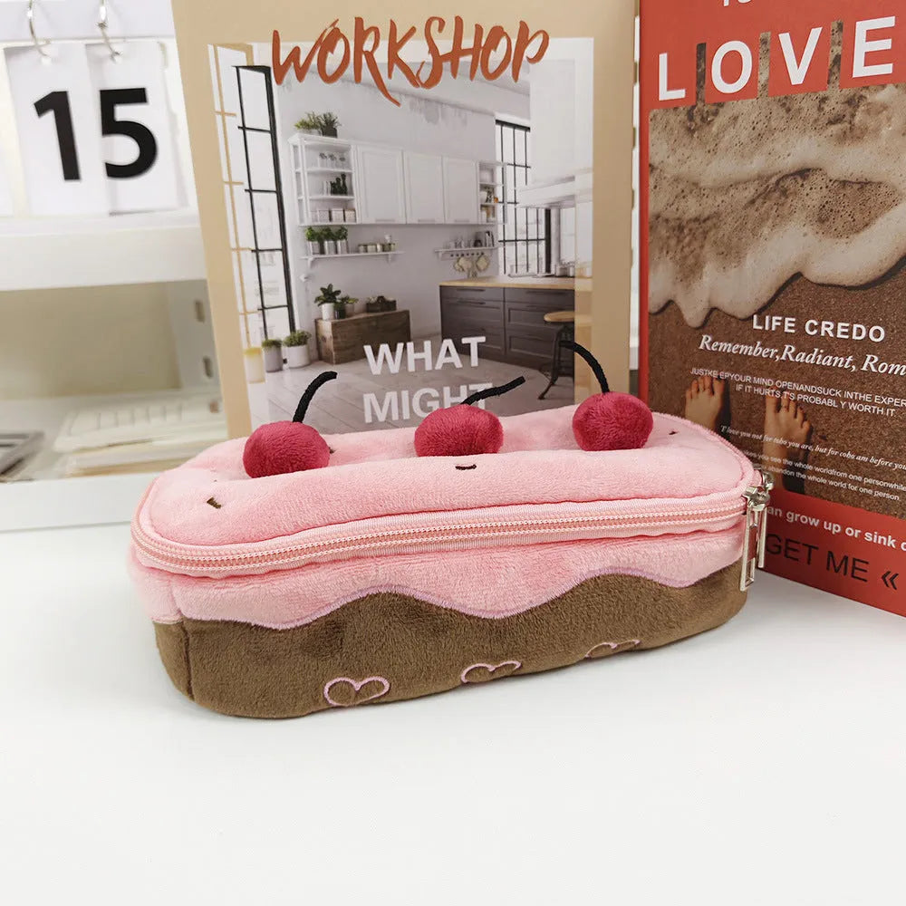 Soft cherry cake patterned velvet pencil bag with a zipper.