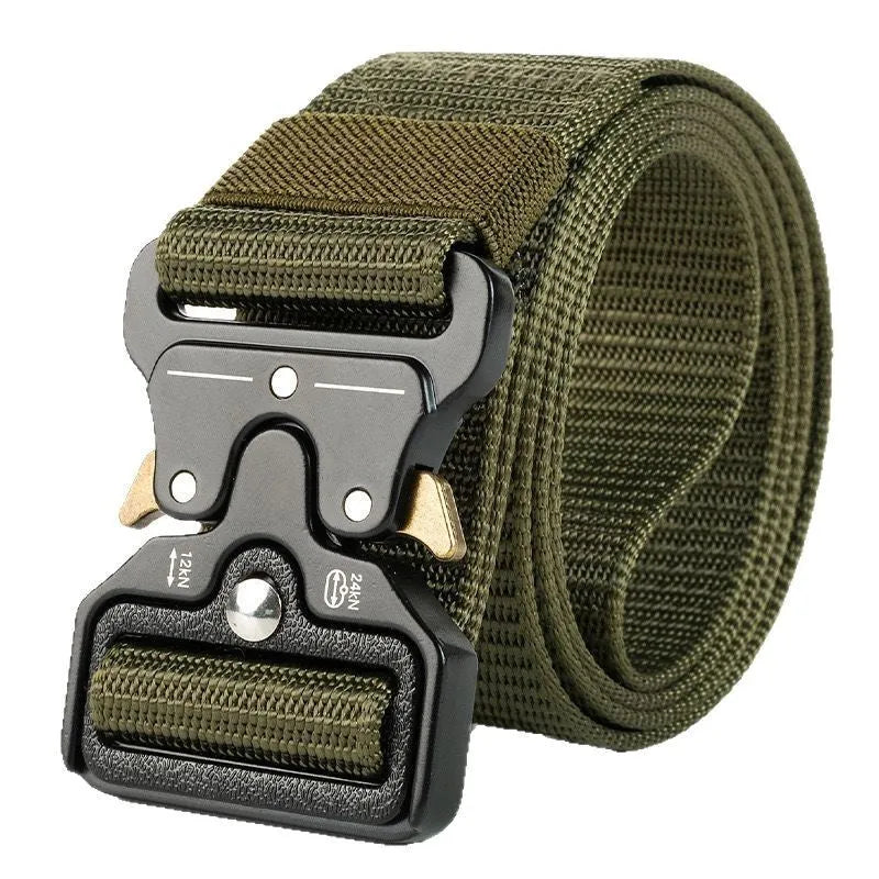 Men's canvas tactical belt in Army Green with an alloy release buckle, showing weave detail and length.