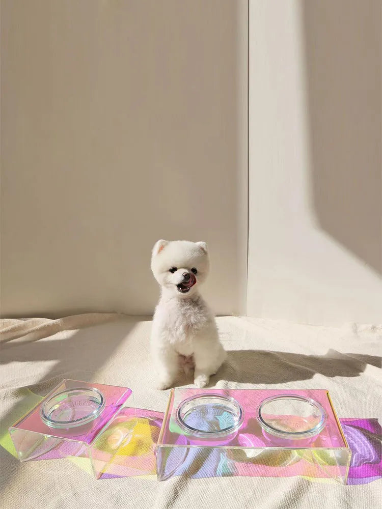 Acrylic pet dazzling bowl feeder with glass bowl, anti-slip base, for cats and small dogs