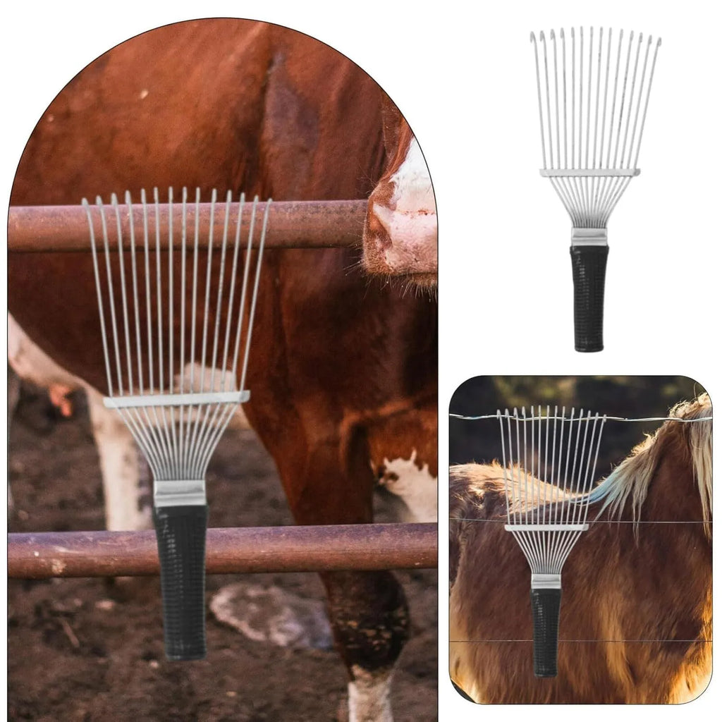 Stainless steel pet grooming rake comb with curved design for dogs and livestock
