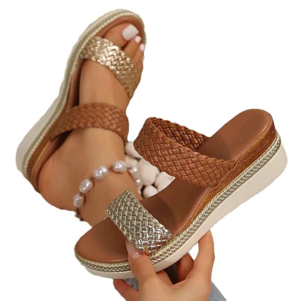 Gold wedge sandals for women in plus sizes with PU upper and rubber sole