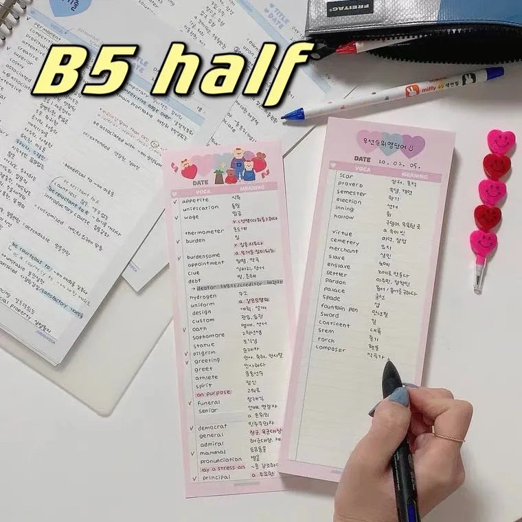 Vertical format English learning notepad with B5 half-size pages in choice of pink, purple or blue covers