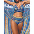 Women's cross bandage bikini three-piece swimsuit set with high-waisted bottoms and smock veil