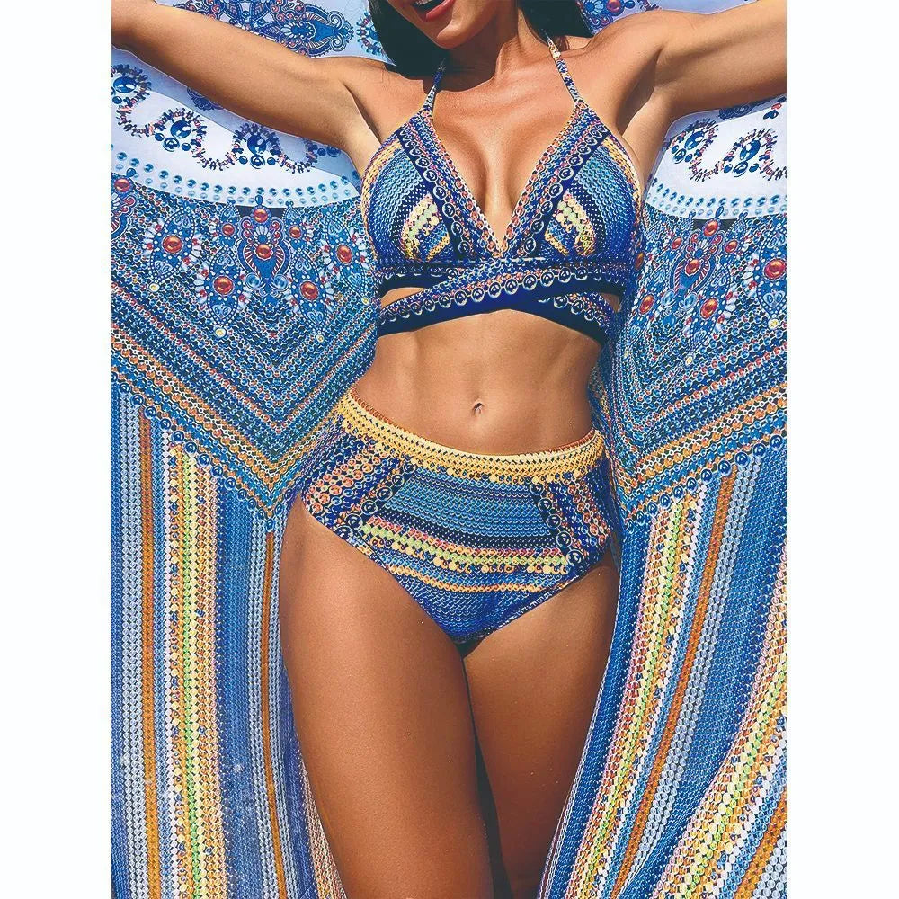 Women's cross bandage bikini three-piece swimsuit set with high-waisted bottoms and smock veil