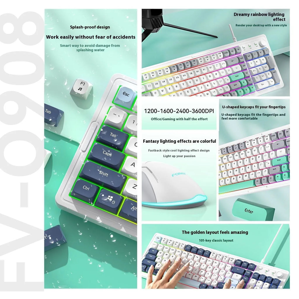 A mechanical keyboard and mouse set in a selected colour, showcasing its three-mould keycaps and model design.
