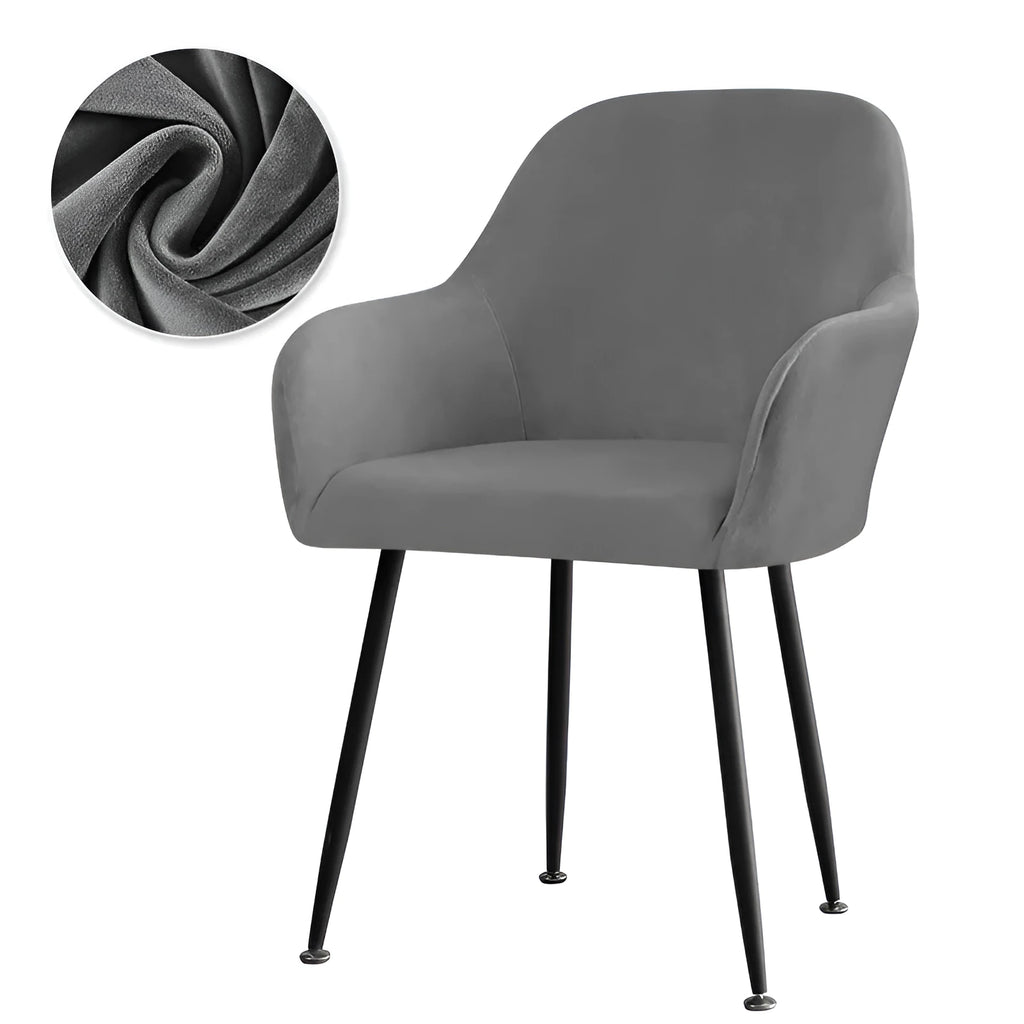 Velvet plush high armrest dining chair cover in beige, camel, grey or blue stretch fit for household and hotel dining chairs.