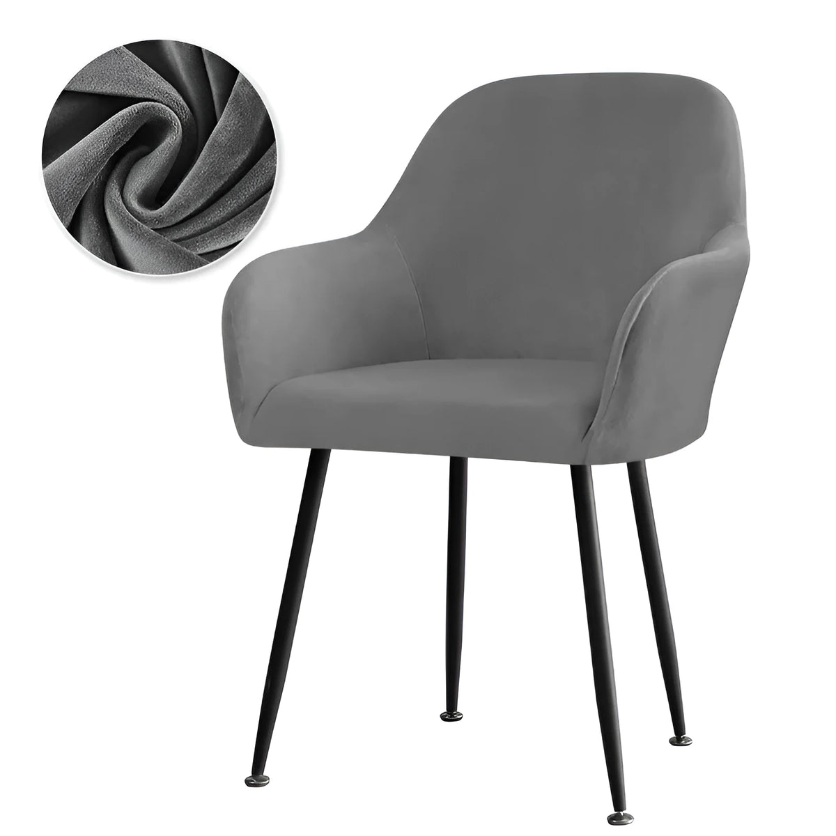 Velvet plush high armrest dining chair cover in beige, camel, grey or blue stretch fit for household and hotel dining chairs.